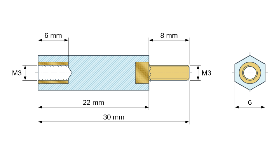 Dimensioned drawing: Hexagonal insulated standoff male/female PA6.6 UL94-V2 plastic, brass insert, M3 - 6 mm across flats