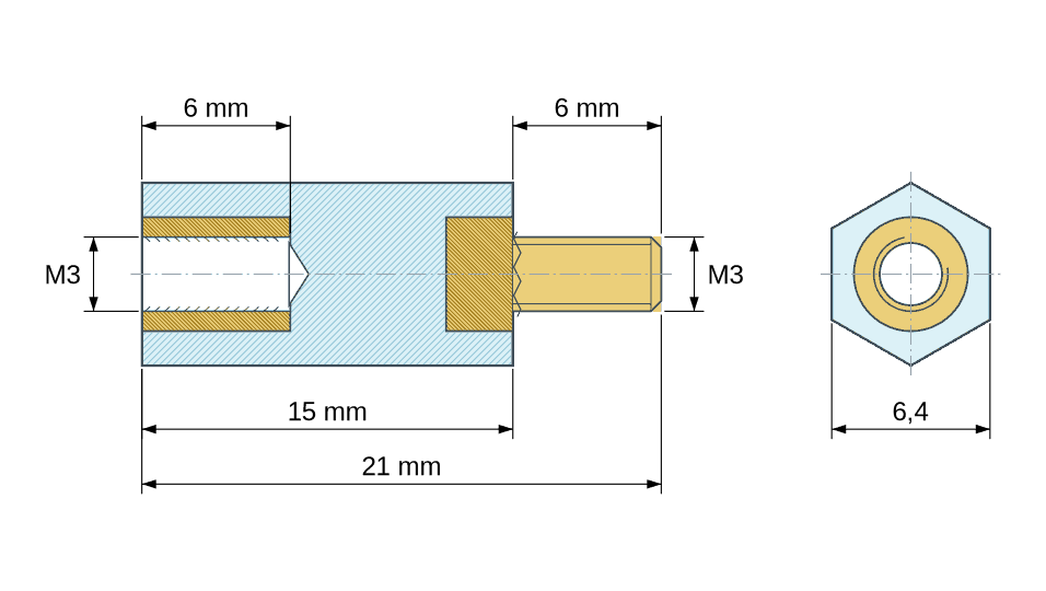 Dimensioned drawing: Hexagonal insulated standoff male/female PA6.6 plastic, brass insert, M3 - 6.4 mm across flats