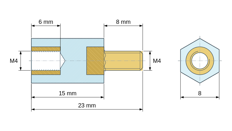 Dimensioned drawing: Hexagonal insulated standoff male/female PA6.6 plastic, brass insert, M4 - 8 mm across flats