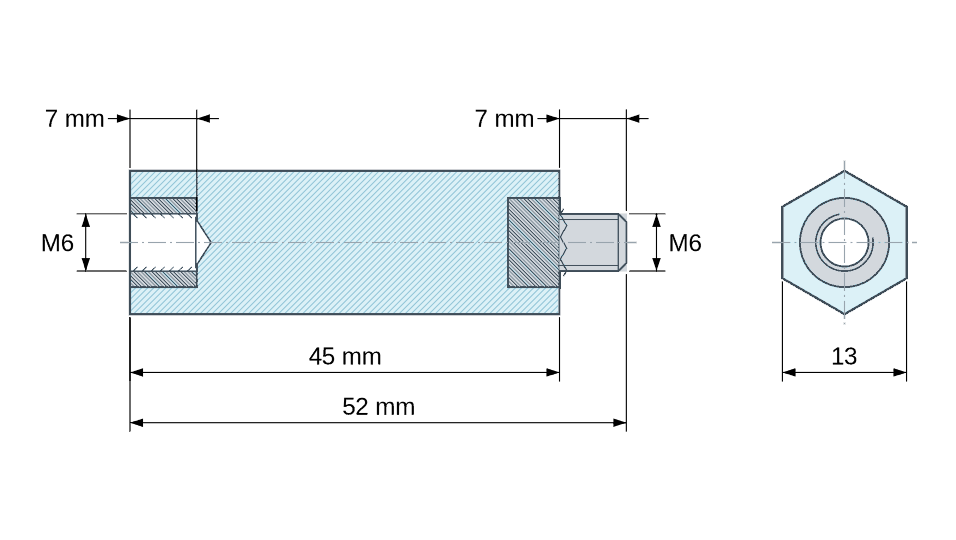 Dimensioned drawing: Hexagonal insulated standoff male/female PA6.6 plastic, steel insert, M6 - 13 mm across flats