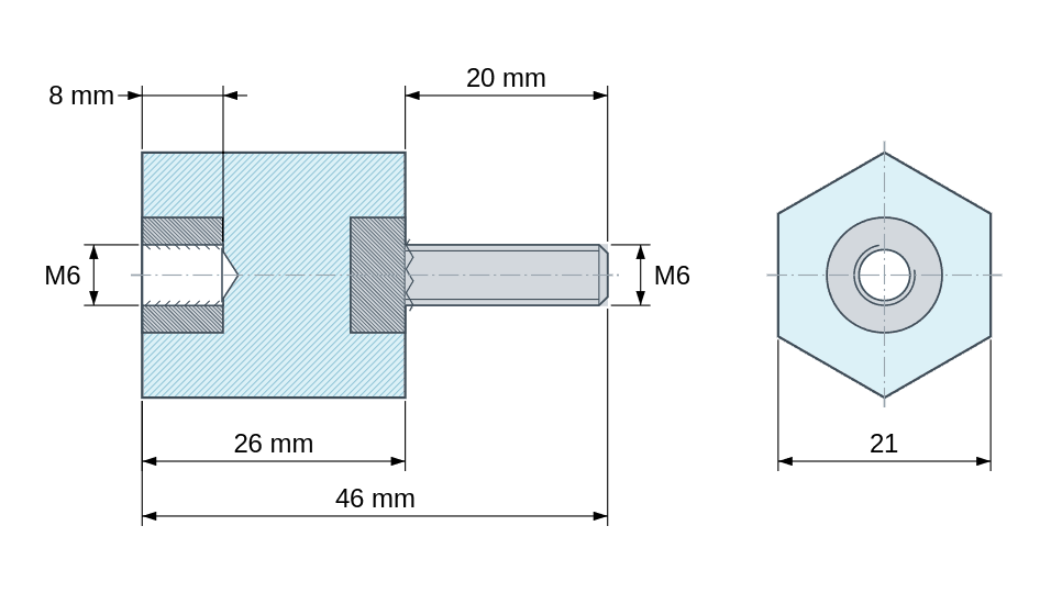Dimensioned drawing: Hexagonal insulated standoff male/female polyester plastic, steel insert, M6 - 21 mm across flats