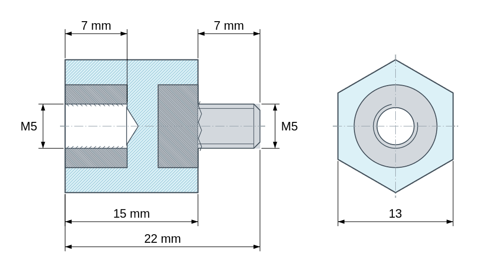 Dimensioned drawing: Hexagonal insulated standoff male/female polystyrene plastic, steel insert, M5 - 13 mm across flats