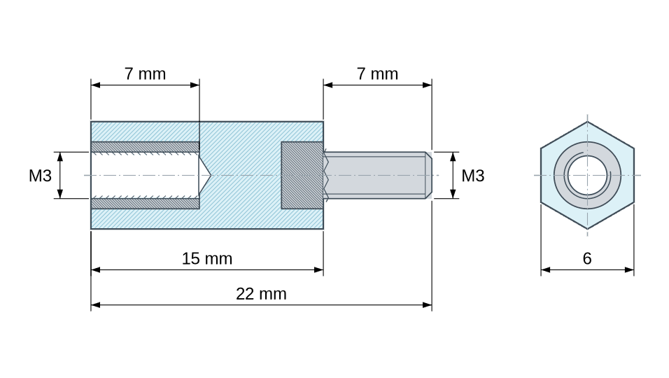 Dimensioned drawing: Hexagonal insulated standoff male/female polystyrene plastic, steel insert, M3 - 6 mm across flats
