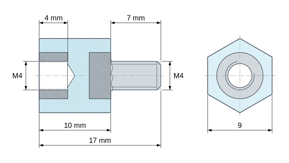 Dimensioned drawing: Hexagonal insulated standoff male/female polystyrene plastic, steel insert, M4 - 9 mm across flats
