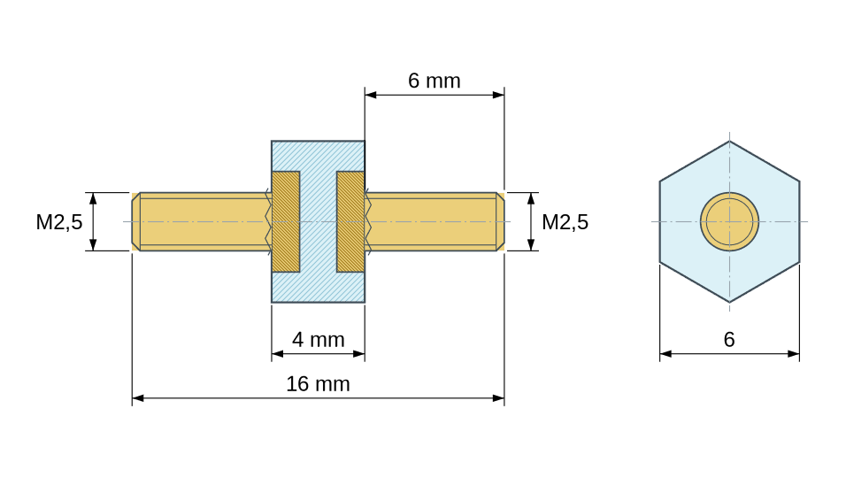 Dimensioned drawing: Hexagonal insulated standoff male/male PA6 plastic, brass insert, M2.5 - 6 mm across flats