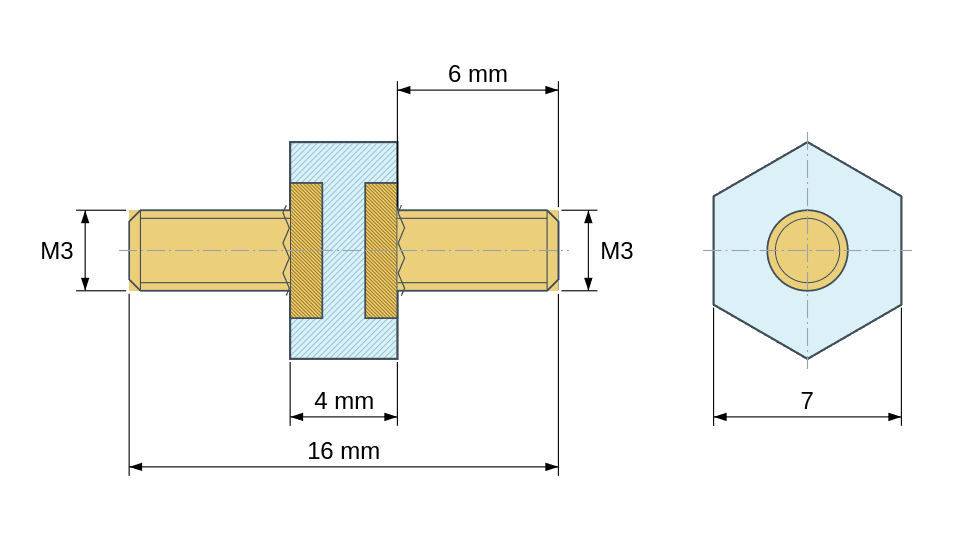 Dimensioned drawing: Hexagonal insulated standoff male/male PA6 plastic, brass insert, M3 - 7 mm across flats