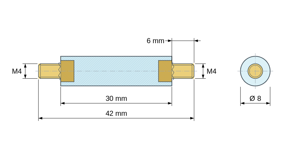 Dimensioned drawing: Round insulated standoff male/male PA6.6 plastic, brass insert, M4 - Ø8 mm
