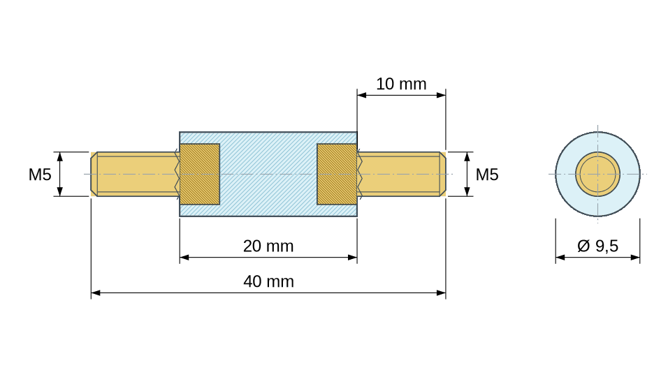 Dimensioned drawing: Round insulated standoff male/male PA6.6 plastic, brass insert, M5 - Ø9.5 mm