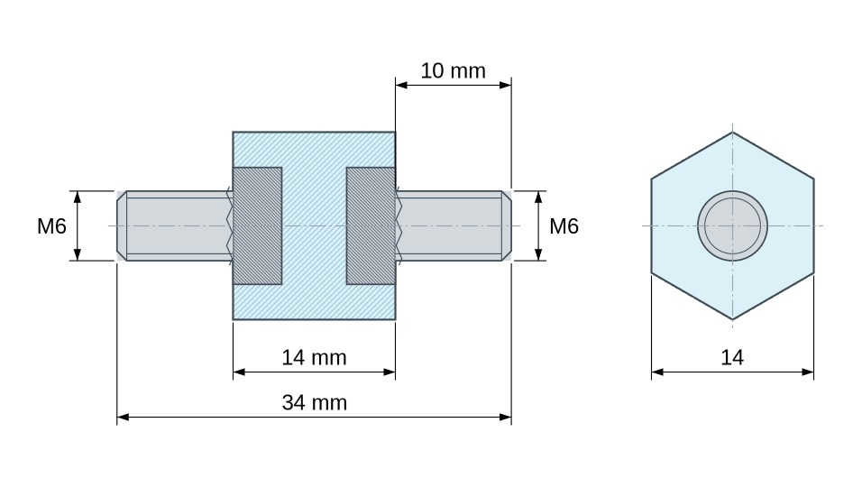 Dimensioned drawing: Hexagonal insulated standoff male/male polyester plastic, steel insert, M6 - 14 mm across flats