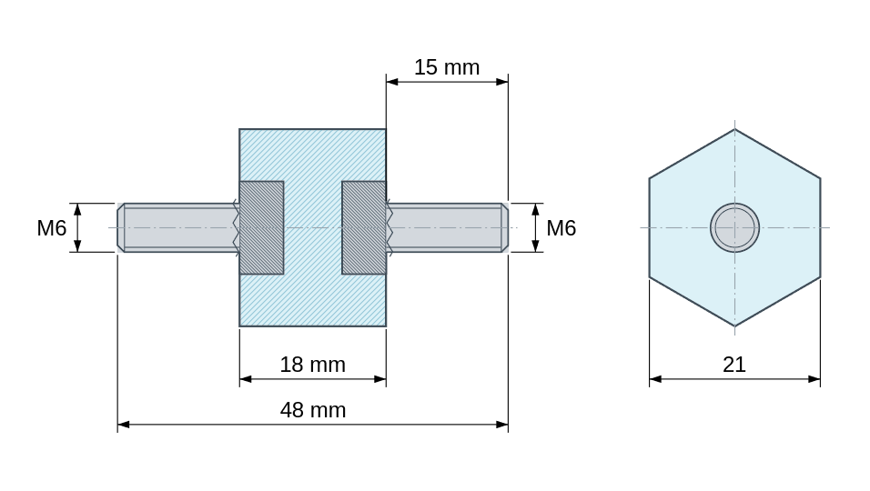 Dimensioned drawing: Hexagonal insulated standoff male/male polyester plastic, steel insert, M6 - 21 mm across flats