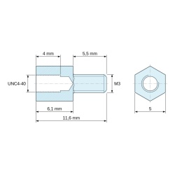 Dimensioned drawing 6.1 mm / 5.5 mm, Hexagonal male/female threaded spacer stainless steel UNC4-40 / M3 - 5 mm across flats