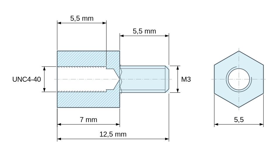 Dimensioned drawing, Hexagonal male/female threaded spacer stainless steel UNC4-40 / M3 - 5.5 mm across flats Dimensioned drawing, Hexagonal male/female threaded spacer stainless steel UNC4-40 / M3 - 5.5 mm across flats