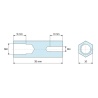 Dimensioned drawing 35 mm, Hexagonal female/female threaded spacer leaded nickel-plated brass M8 / M4 - 10 mm across flats