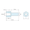 Dimensioned drawing 5 mm / 8 mm, Hexagonal male/female threaded spacer leaded nickel-plated brass UNC4-40 / M3 - 5 mm across flats