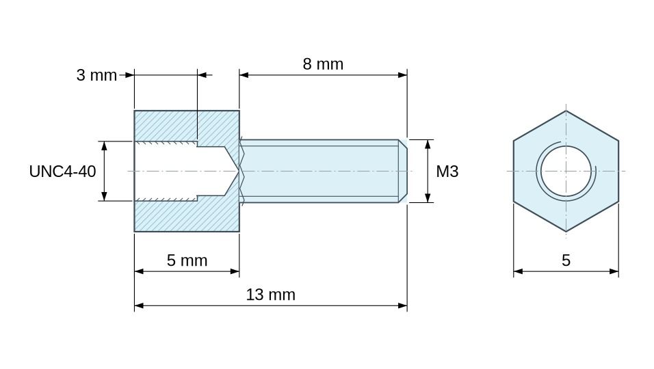 Dimensioned drawing, Hexagonal male/female threaded spacer leaded nickel-plated brass UNC4-40 / M3 - 5 mm across flats Dimensioned drawing, Hexagonal male/female threaded spacer leaded nickel-plated brass UNC4-40 / M3 - 5 mm across flats