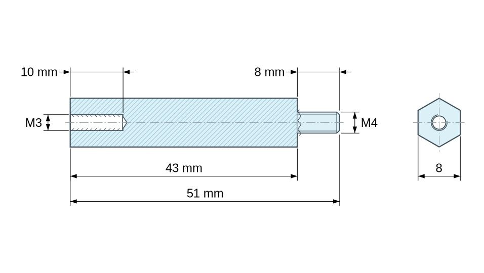 Dimensioned drawing, Hexagonal male/female threaded spacer plastic polyamide PA6.6 M3 / M4 - 8 mm across flats Dimensioned drawing, Hexagonal male/female threaded spacer plastic polyamide PA6.6 M3 / M4 - 8 mm across flats