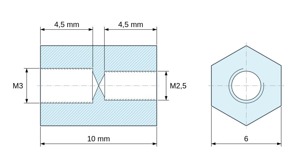 Dimensioned drawing, Hexagonal female/female threaded spacer plastic glass-fibre reinforced PA6 polyamide M3 / M2.5 - 6 mm across flats Dimensioned drawing, Hexagonal female/female threaded spacer plastic glass-fibre reinforced PA6 polyamide M3 / M2.5 - 6 mm across flats