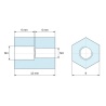 Dimensioned drawing 12 mm, Hexagonal female/female threaded spacer plastic glass-fibre reinforced PA6 polyamide M4 / M3 - 8 mm across flats