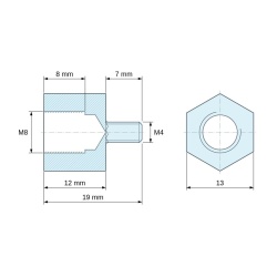 Dimensioned drawing 12 mm / 7 mm, Hexagonal male/female threaded spacer zinc-plated steel M8 / M4 - 13 mm across flats