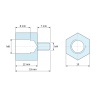 Dimensioned drawing 12 mm / 7 mm, Hexagonal male/female threaded spacer zinc-plated steel M8 / M4 - 13 mm across flats