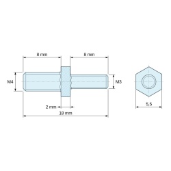 Dimensioned drawing 2 mm / 8 mm, Hexagonal male/male threaded spacer blue zinc-plated steel M4 / M3 - 5.5 mm across flats