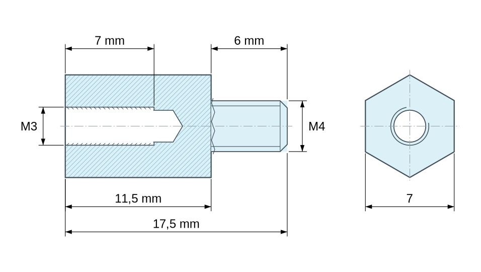 Dimensioned drawing, Hexagonal male/female threaded spacer yellow zinc-plated steel M3 / M4 - 7 mm across flats Dimensioned drawing, Hexagonal male/female threaded spacer yellow zinc-plated steel M3 / M4 - 7 mm across flats