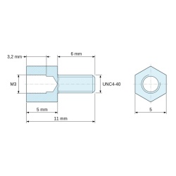 Dimensioned drawing 5 mm / 6 mm, Hexagonal male/female threaded spacer yellow zinc-plated steel M3 / UNC4-40 - 5 mm across flats