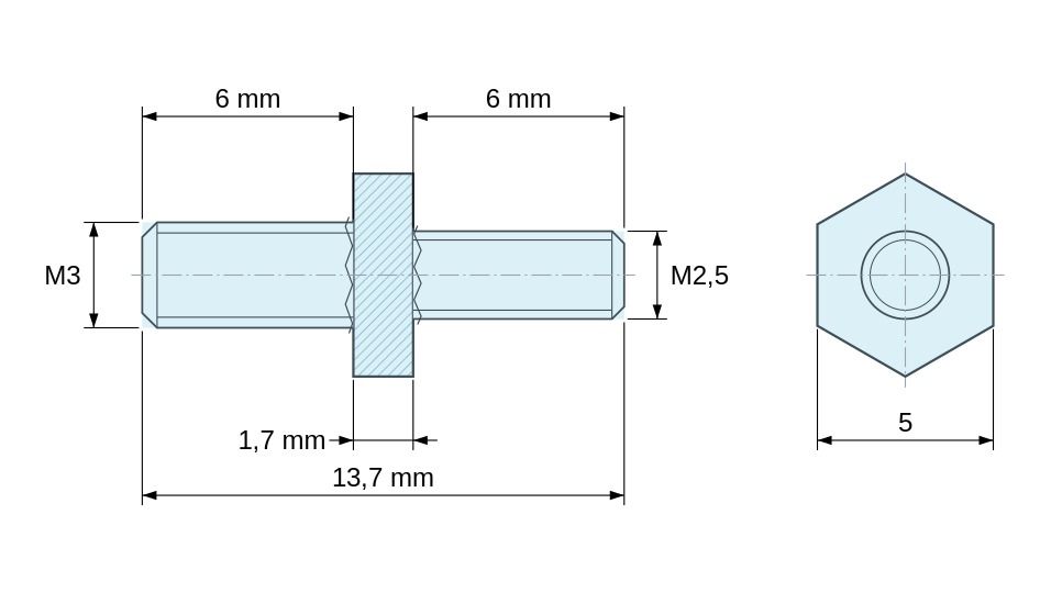 Dimensioned drawing, Hexagonal male/male threaded spacer yellow zinc-plated steel M3 / M2.5 - 5 mm across flats Dimensioned drawing, Hexagonal male/male threaded spacer yellow zinc-plated steel M3 / M2.5 - 5 mm across flats
