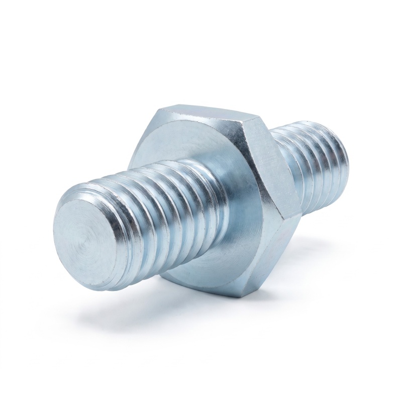 Hexagonal male/male threaded spacer blue zinc-plated steel M4 - 7 mm across flats, 6 and 7 mm studs