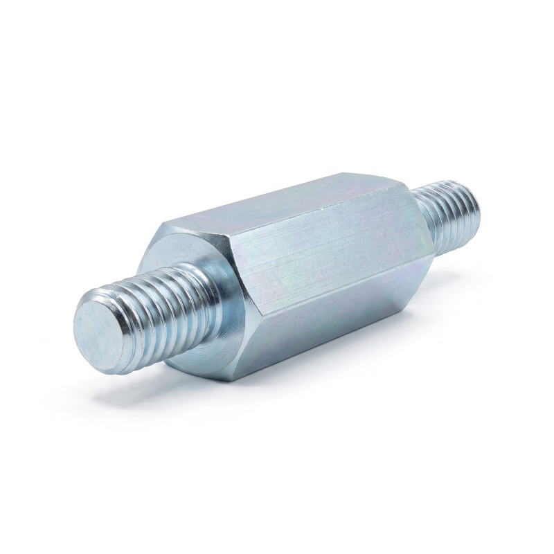 Hexagonal male/male threaded spacer blue zinc-plated steel M4 - 7 mm across flats, 6 and 8 mm studs