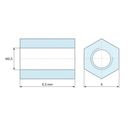 Dimensioned drawing 6.3 mm, Hexagonal female/female threaded spacer lead-free nickel-plated brass M2.5 - 4 mm across flats