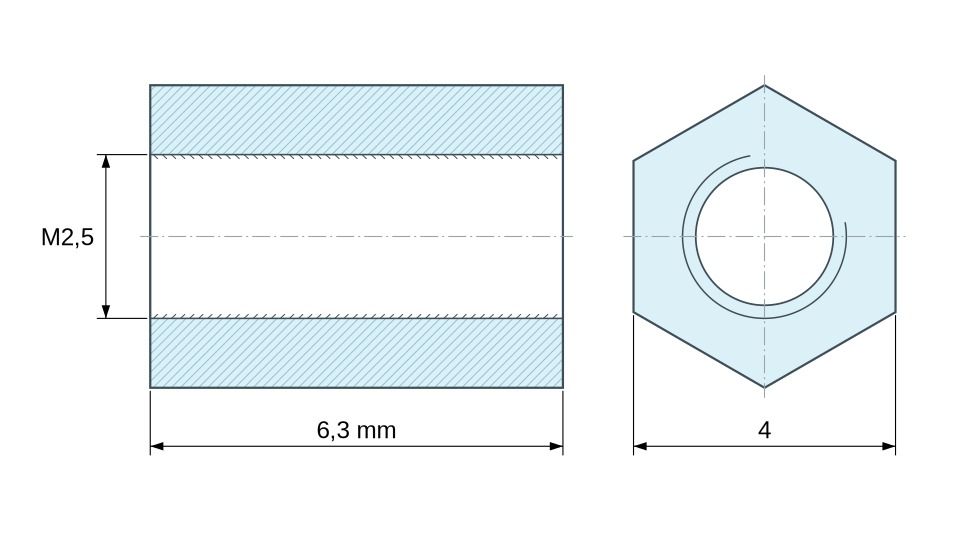 Dimensioned drawing, Hexagonal female/female threaded spacer lead-free nickel-plated brass M2.5 - 4 mm across flats Dimensioned drawing, Hexagonal female/female threaded spacer lead-free nickel-plated brass M2.5 - 4 mm across flats