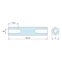 Dimensioned drawing 28 mm, Hexagonal female/female threaded spacer lead-free nickel-plated brass M3 - 5 mm across flats