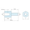 Dimensioned drawing 5 mm / 5 mm, Hexagonal male/female threaded spacer lead-free nickel-plated brass M2 - 4 mm across flats