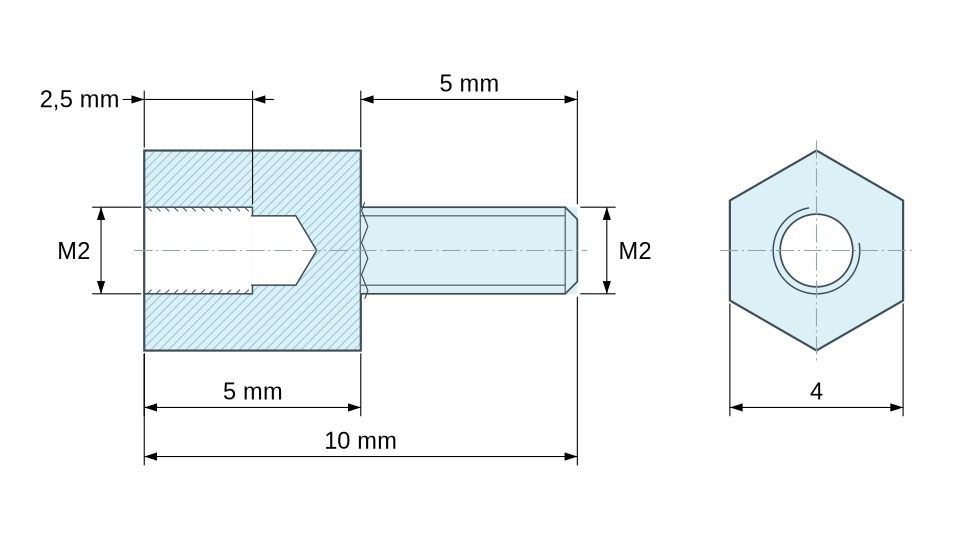 Dimensioned drawing, Hexagonal male/female threaded spacer lead-free nickel-plated brass M2 - 4 mm across flats Dimensioned drawing, Hexagonal male/female threaded spacer lead-free nickel-plated brass M2 - 4 mm across flats