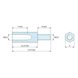 Dimensioned drawing 11.5 mm / 6 mm, Hexagonal male/female threaded spacer lead-free nickel-plated brass M2.5 - 4 mm across flats