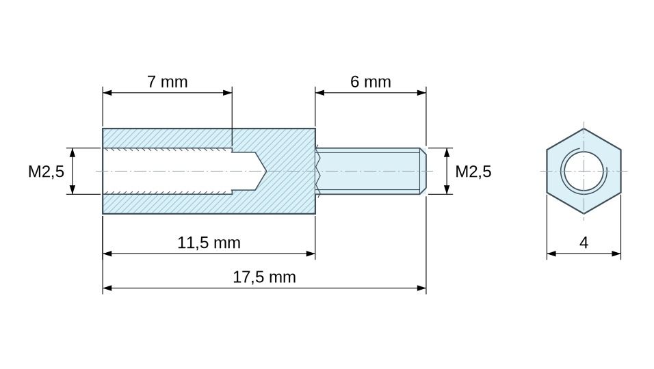 Dimensioned drawing, Hexagonal male/female threaded spacer lead-free nickel-plated brass M2.5 - 4 mm across flats Dimensioned drawing, Hexagonal male/female threaded spacer lead-free nickel-plated brass M2.5 - 4 mm across flats