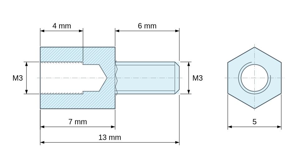 Dimensioned drawing, Hexagonal male/female threaded spacer lead-free nickel-plated brass M3 - 5 mm across flats Dimensioned drawing, Hexagonal male/female threaded spacer lead-free nickel-plated brass M3 - 5 mm across flats