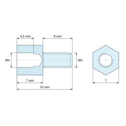Dimensioned drawing 7 mm / 8 mm, Hexagonal male/female threaded spacer lead-free nickel-plated brass M4 - 7 mm across flats