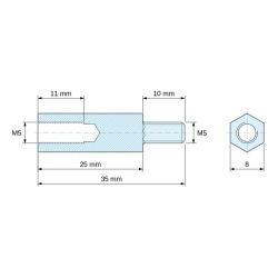 Dimensioned drawing 25 mm / 10 mm, Hexagonal male/female threaded spacer lead-free nickel-plated brass M5 - 8 mm across flats