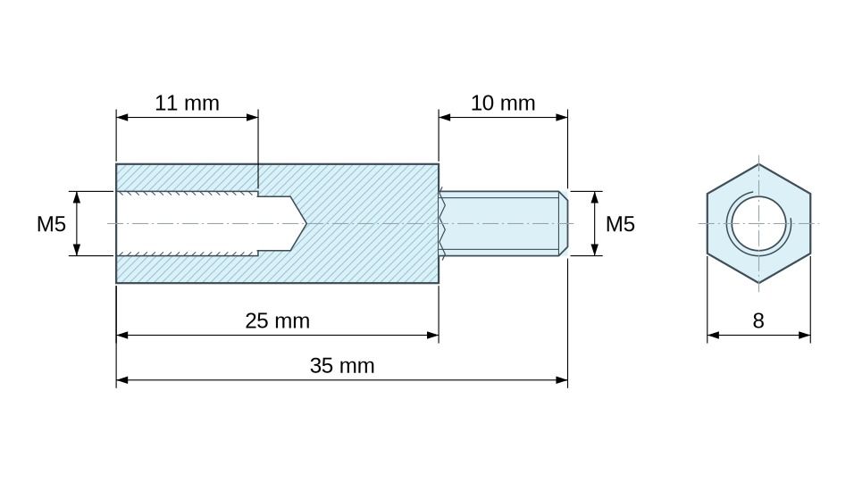 Dimensioned drawing, Hexagonal male/female threaded spacer lead-free nickel-plated brass M5 - 8 mm across flats Dimensioned drawing, Hexagonal male/female threaded spacer lead-free nickel-plated brass M5 - 8 mm across flats