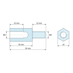 Dimensioned drawing 20 mm / 12 mm, Hexagonal male/female threaded spacer lead-free nickel-plated brass M6 - 10 mm across flats