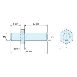 Dimensioned drawing 3 mm / 8 / 18 mm, Hexagonal male/male threaded spacer leaded nickel-plated brass M6 - 10 mm across flats, 8 and 18 mm studs