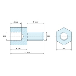 Dimensioned drawing 6 mm / 6 mm, Hexagonal male/female threaded spacer natural plastic polyamide PA6.6 UL94-V2 M3 - 5.5 mm across flats
