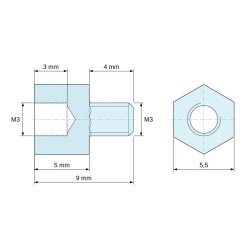 Dimensioned drawing 5 mm / 4 mm, Hexagonal male/female threaded spacer plastic polyamide PA6.6 UL94-V2 M3 - 5.5 mm across flats