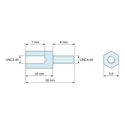 Dimensioned drawing 10 mm / 8 mm, Hexagonal male/female threaded spacer plastic polyamide PA6.6 UL94-HB UNC4-40 - 5.5 mm across flats