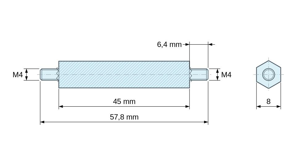Dimensioned drawing, Hexagonal male/male threaded spacer plastic polyamide PA6.6 UL94-HB M4 - 8 mm across flats Dimensioned drawing, Hexagonal male/male threaded spacer plastic polyamide PA6.6 UL94-HB M4 - 8 mm across flats