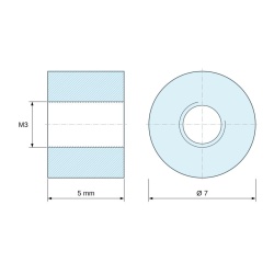 Dimensioned drawing 5 mm, Round female/female threaded spacer plastic glass-fibre reinforced PA6 polyamide UL94-V2 M3 - Ø7 mm