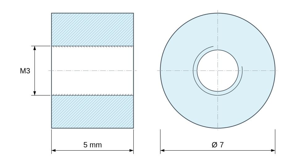Dimensioned drawing, Round female/female threaded spacer plastic glass-fibre reinforced PA6 polyamide UL94-V2 M3 - Ø7 mm Dimensioned drawing, Round female/female threaded spacer plastic glass-fibre reinforced PA6 polyamide UL94-V2 M3 - Ø7 mm