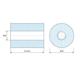Dimensioned drawing 11 mm, Round female/female threaded spacer plastic glass-fibre reinforced PA6 polyamide UL94-HB M3 - Ø8 mm